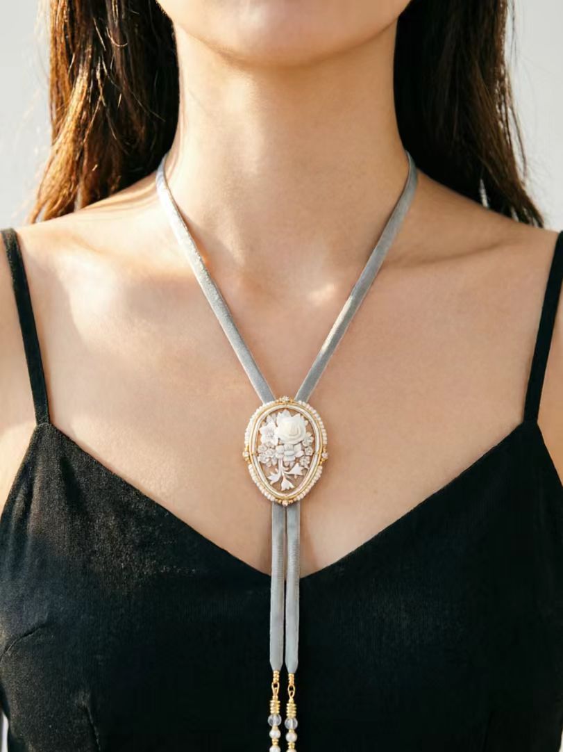 "Floral Elegance" Authentic Italian Hand-Carved Cameo Bolo Tie | Luxury Artisan Western Tie