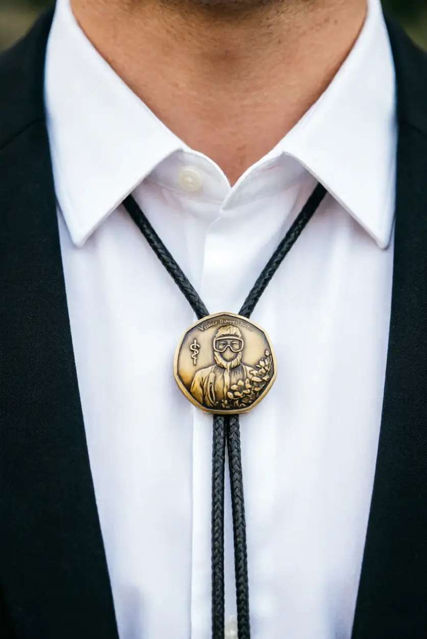 "Victory Belongs to Us" Medical Commemorative Bolo Tie - Antique Brass Rod of Asclepius Gift for Doctors & Nurses