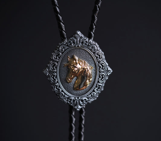 The Gilded Stallion: Baroque Filigree Split-Color Equestrian Bolo Tie
