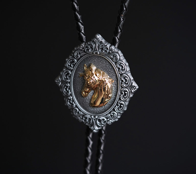 The Gilded Stallion: Baroque Filigree Split-Color Equestrian Bolo Tie
