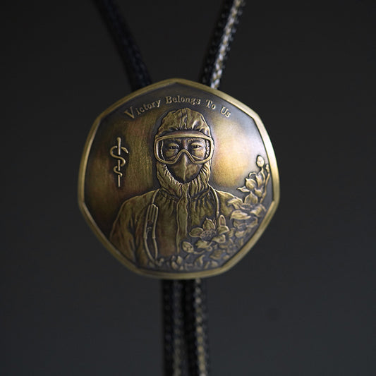 "Victory Belongs to Us" Medical Commemorative Bolo Tie - Antique Brass Rod of Asclepius Gift for Doctors & Nurses