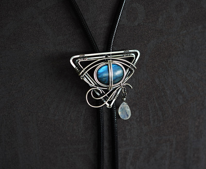 The Eye of Horus: Hand-Woven Sterling Silver Labradorite Bolo Tie