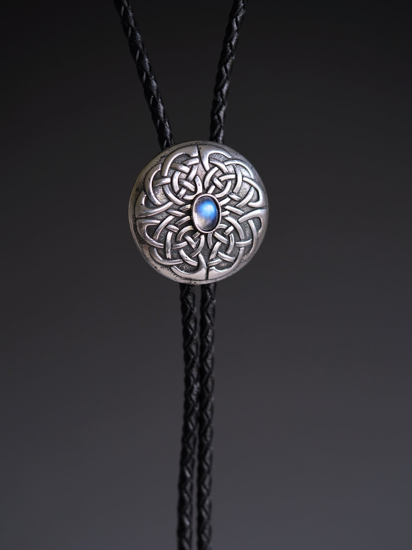 The Mystic Node: Fine Silver Moonstone Bolo Tie, Celtic Knot Design