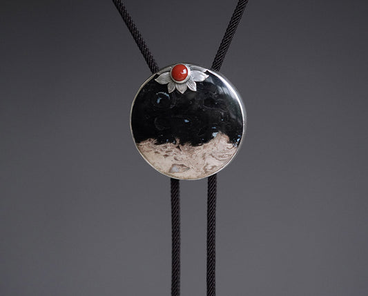 Artical Heart “The Solitary Sun” Handcrafted Silver & Palm Root Fossils Bolo Tie