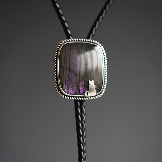 “The Window Gazer” Natural Labradorite and Silver Cat Bolo Tie