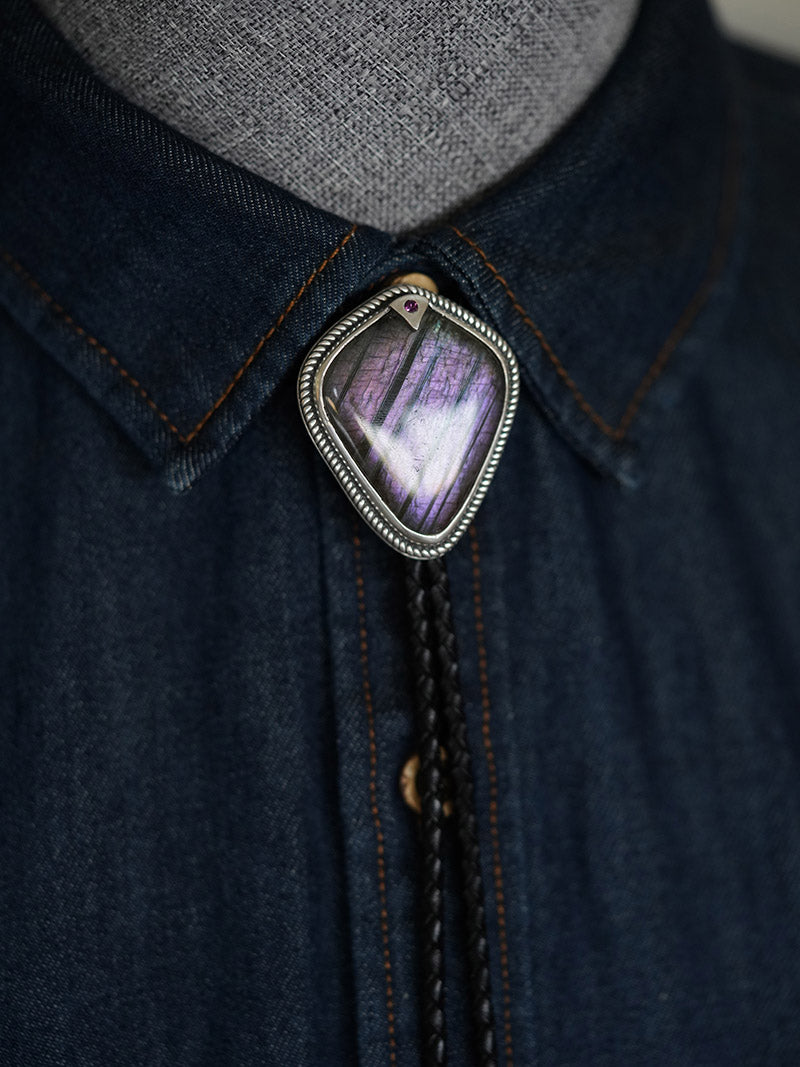 “Shield of the Lodestar” Purple Labradorite & Fine Silver Bolo Tie