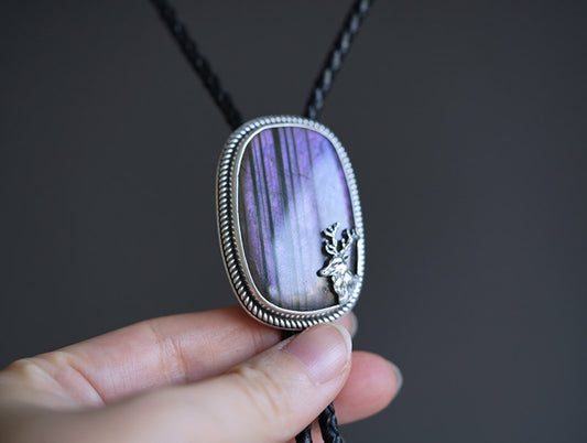 Artical Heart “The Forest’s Secret” Natural Labradorite and Fine Silver Stag Bolo Tie