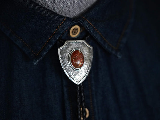 Artical Heart The Relentless Shield-One-of-a-Kind Hammered Solid Silver Sunstone Bolo Tie