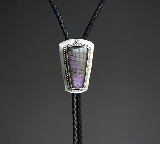 Artical Heart Flowing Violet Shield-OOAK Handcrafted S999 Fine Silver Labradorite Bolo Tie