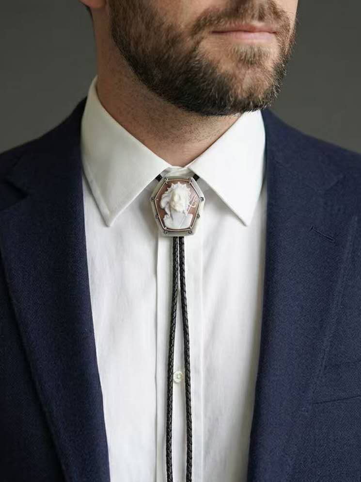 "Poseidon" Italian Master Cameo Bolo Tie - S999 Silver with Blue Gems