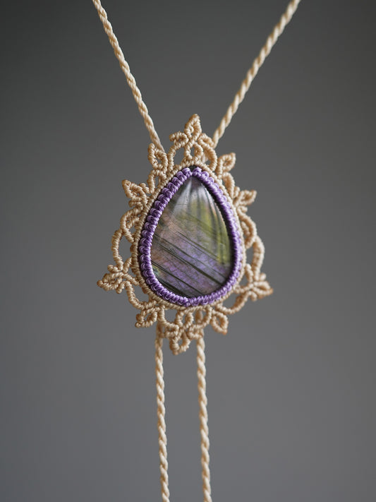 [OOAK] Artisan Macramé Bolo Tie - The Sovereign Flame & Purple Flash Labradorite