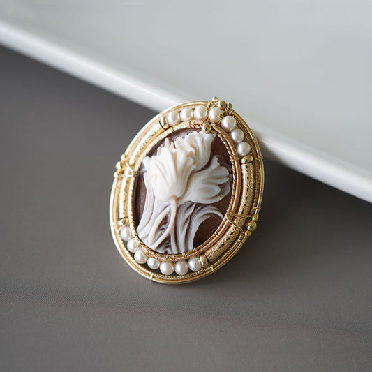 [OOAK] Italian Master Cameo Brooch - The Regal Tulip & Pearl-Crowned Garland