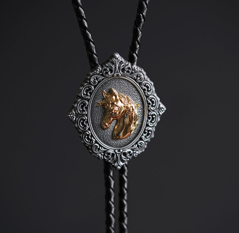 The Gilded Stallion: Baroque Filigree Split-Color Equestrian Bolo Tie