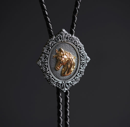 The Gilded Stallion: Baroque Filigree Split-Color Equestrian Bolo Tie