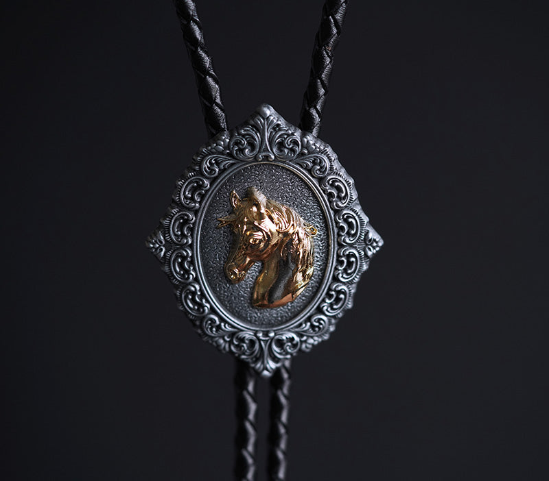 The Gilded Stallion: Baroque Filigree Split-Color Equestrian Bolo Tie