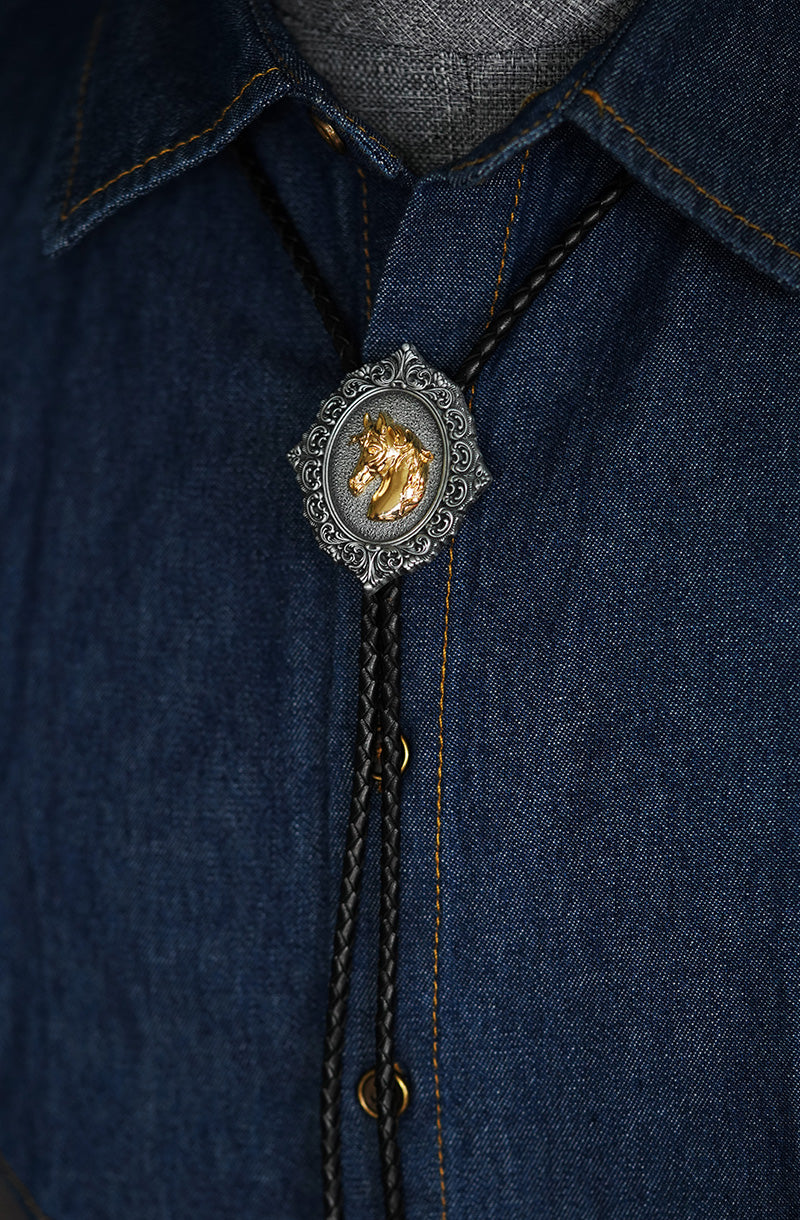 The Gilded Stallion: Baroque Filigree Split-Color Equestrian Bolo Tie