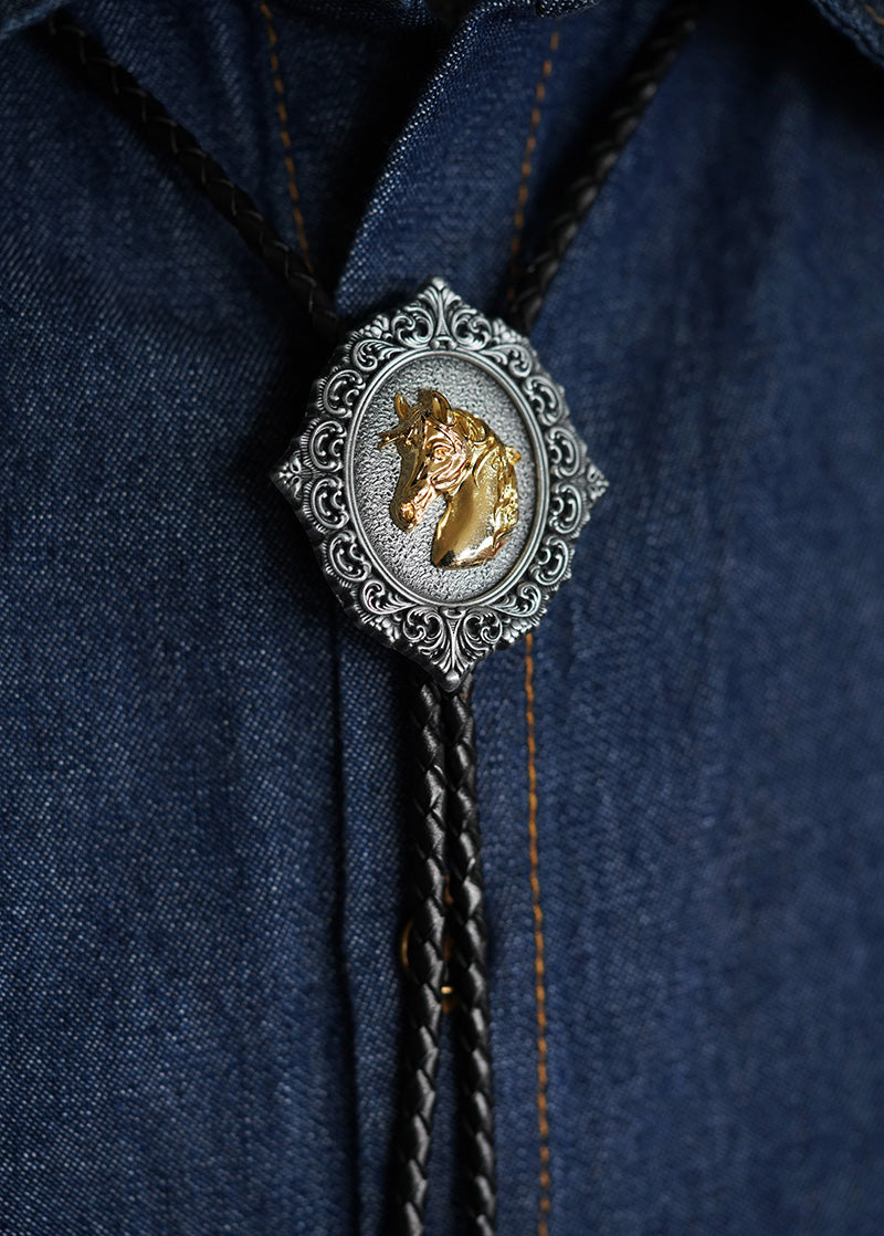 The Gilded Stallion: Baroque Filigree Split-Color Equestrian Bolo Tie