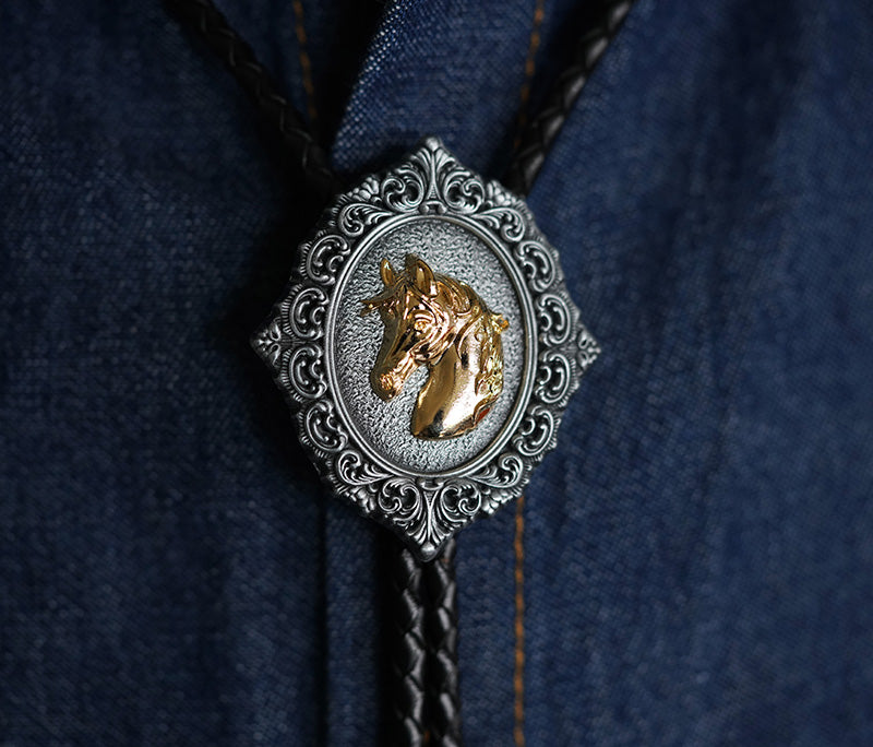 The Gilded Stallion: Baroque Filigree Split-Color Equestrian Bolo Tie