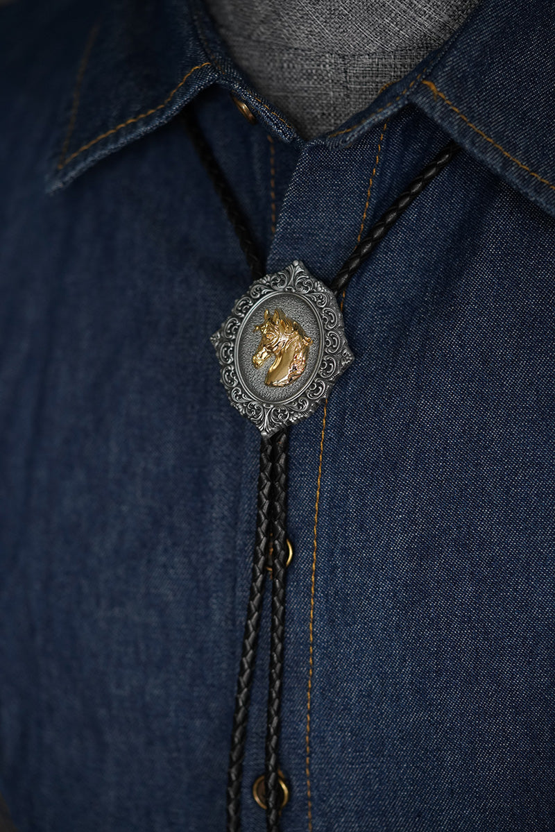 The Gilded Stallion: Baroque Filigree Split-Color Equestrian Bolo Tie