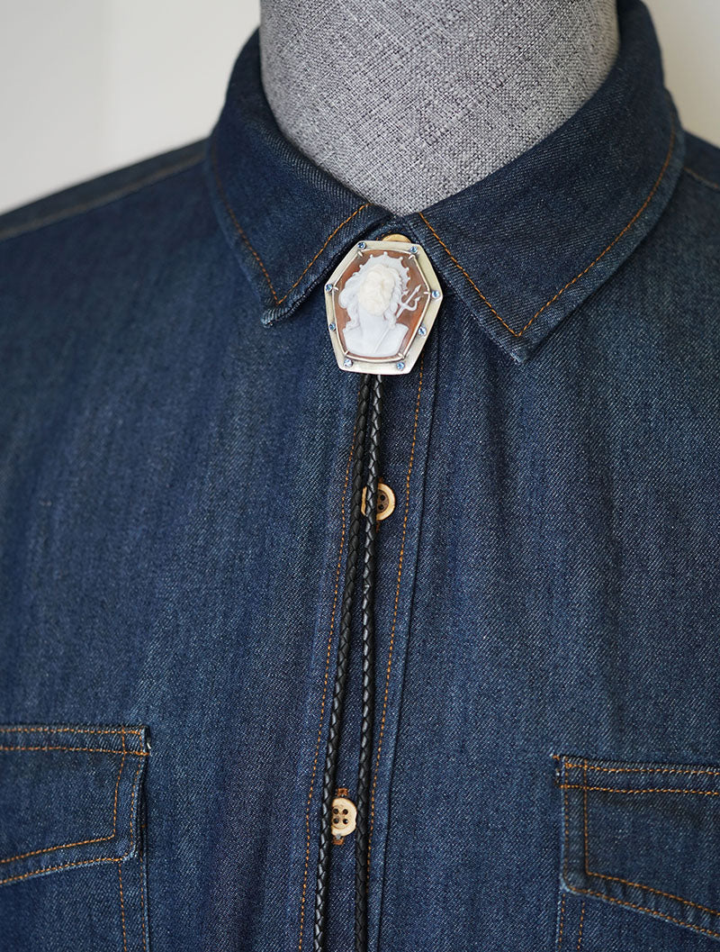 "Poseidon" Italian Master Cameo Bolo Tie - S999 Silver with Blue Gems