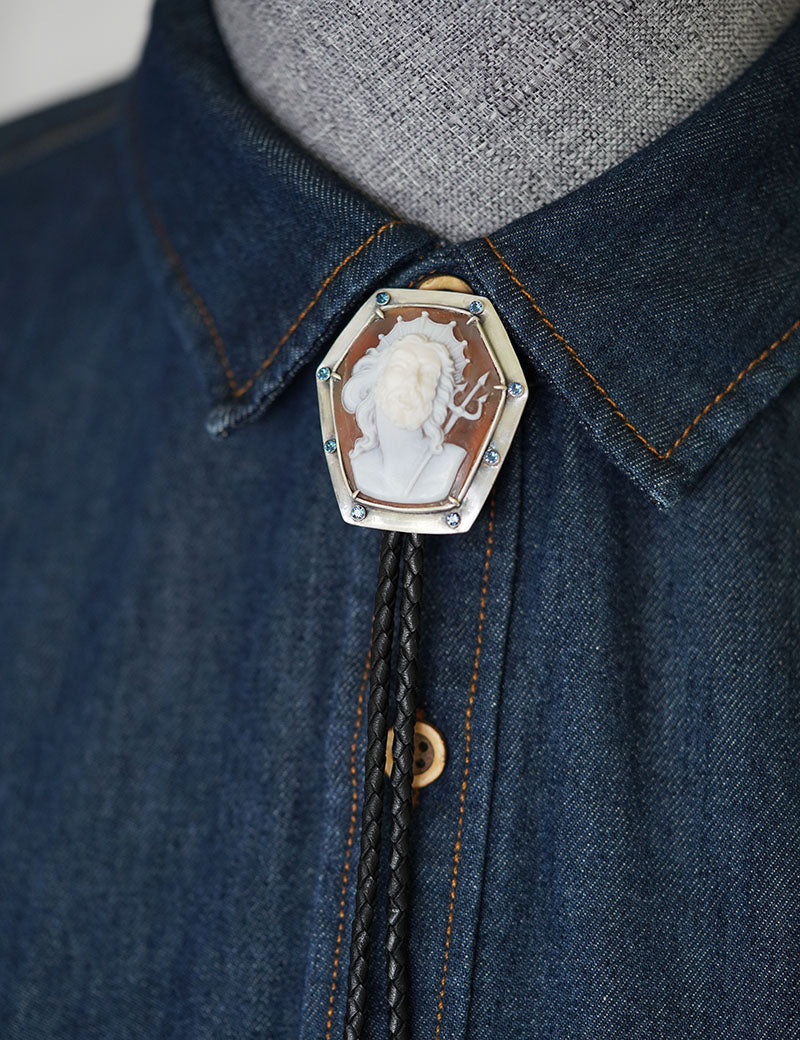 "Poseidon" Italian Master Cameo Bolo Tie - S999 Silver with Blue Gems