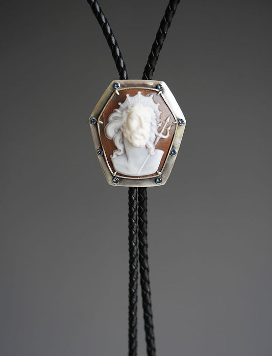 "Poseidon" Italian Master Cameo Bolo Tie - S999 Silver with Blue Gems