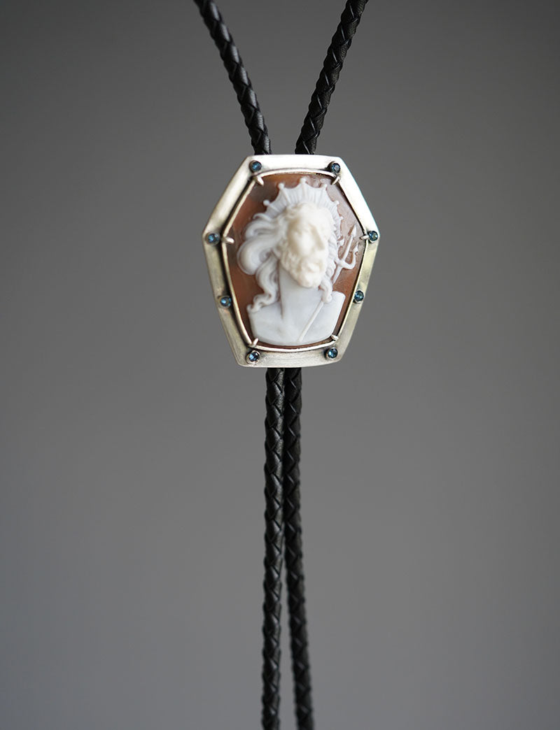 "Poseidon" Italian Master Cameo Bolo Tie - S999 Silver with Blue Gems