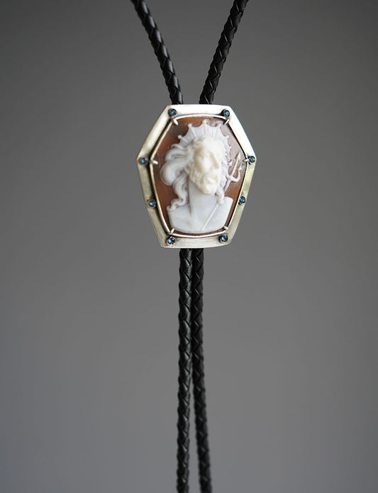 "Poseidon" Italian Master Cameo Bolo Tie - S999 Silver with Blue Gems