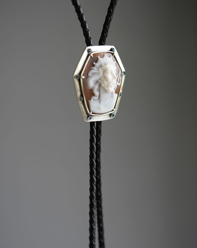 "Poseidon" Italian Master Cameo Bolo Tie - S999 Silver with Blue Gems