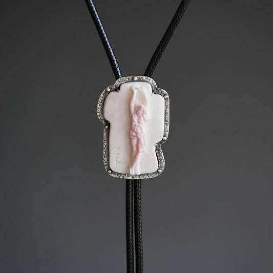 "Jesus" Italian Master Hand-Carved Queen Conch Cameo Bolo Tie in S990 Pure Silver