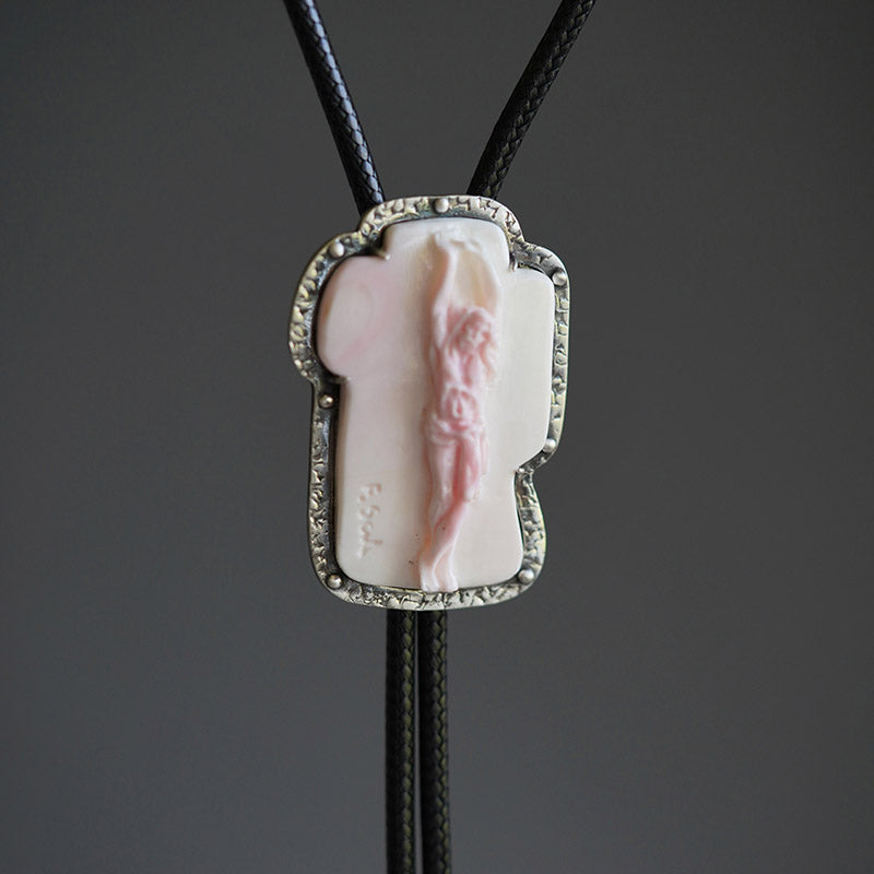 "Jesus" Italian Master Hand-Carved Queen Conch Cameo Bolo Tie in S990 Pure Silver