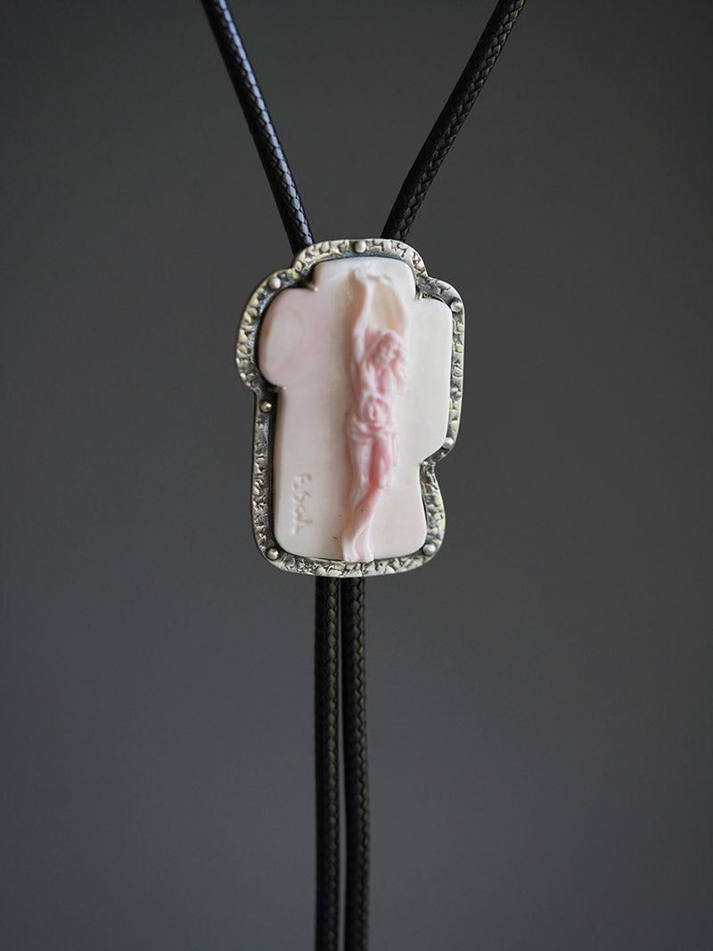 "Jesus" Italian Master Hand-Carved Queen Conch Cameo Bolo Tie in S990 Pure Silver