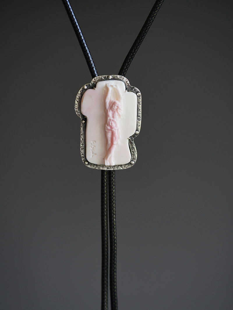 "Jesus" Italian Master Hand-Carved Queen Conch Cameo Bolo Tie in S990 Pure Silver