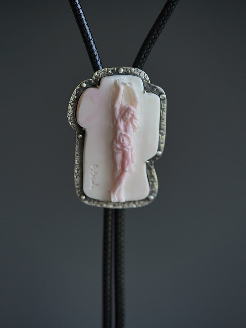 "Jesus" Italian Master Hand-Carved Queen Conch Cameo Bolo Tie in S990 Pure Silver