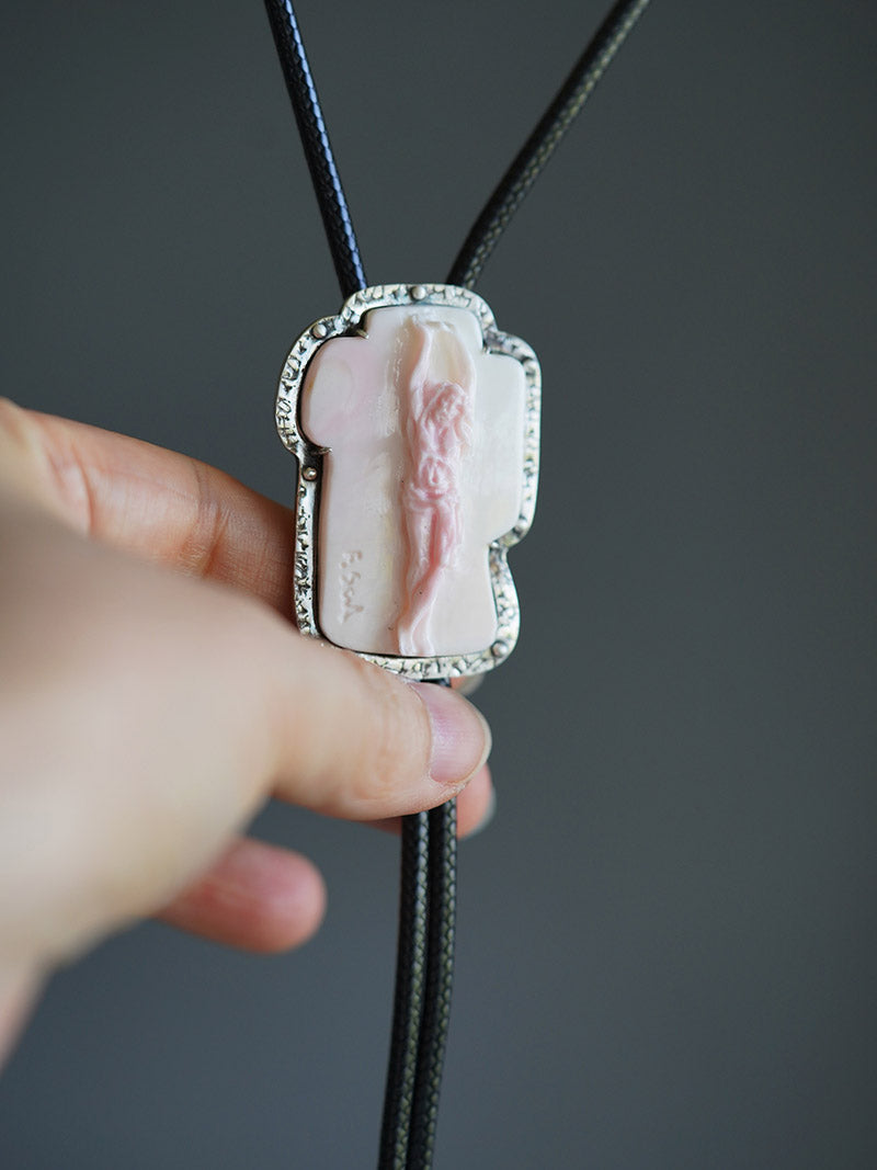 "Jesus" Italian Master Hand-Carved Queen Conch Cameo Bolo Tie in S990 Pure Silver