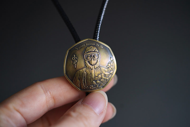 "Victory Belongs to Us" Medical Commemorative Bolo Tie - Antique Brass Rod of Asclepius Gift for Doctors & Nurses