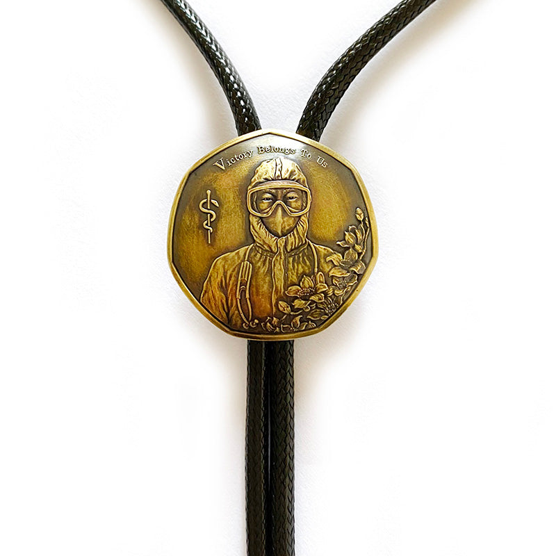 "Victory Belongs to Us" Medical Commemorative Bolo Tie - Antique Brass Rod of Asclepius Gift for Doctors & Nurses