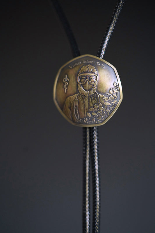 "Victory Belongs to Us" Medical Commemorative Bolo Tie - Antique Brass Rod of Asclepius Gift for Doctors & Nurses