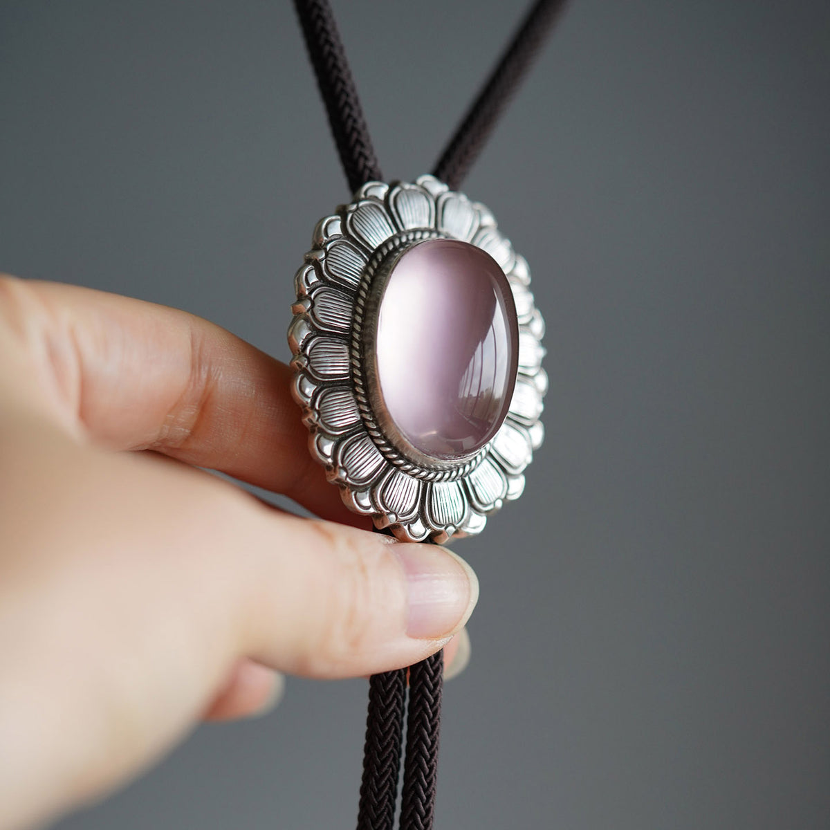 Artical Heart The Heart’s Awakening Lotus：S999 Silver with Natural Rose Quartz Bolo Tie