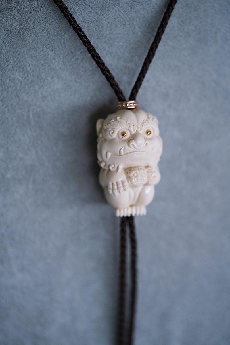 Hand-Carved Mammoth Ivory Bolo Tie - The Guardian Lion & Heritage