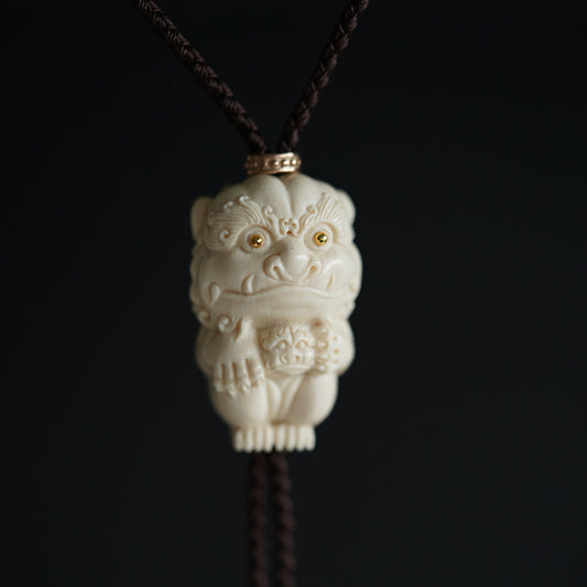 Hand-Carved Mammoth Ivory Bolo Tie - The Guardian Lion & Heritage