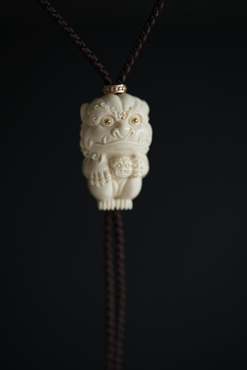 Hand-Carved Mammoth Ivory Bolo Tie - The Guardian Lion & Heritage