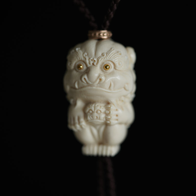 Hand-Carved Mammoth Ivory Bolo Tie - The Guardian Lion & Heritage