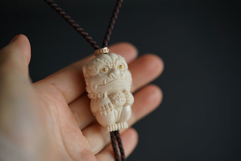 Hand-Carved Mammoth Ivory Bolo Tie - The Guardian Lion & Heritage