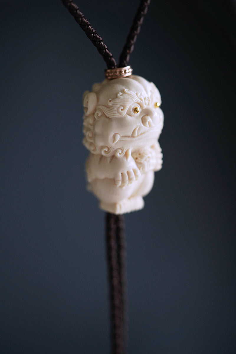 Hand-Carved Mammoth Ivory Bolo Tie - The Guardian Lion & Heritage