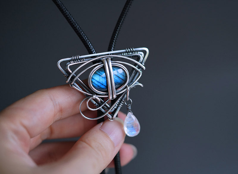 The Eye of Horus: Hand-Woven Sterling Silver Labradorite Bolo Tie