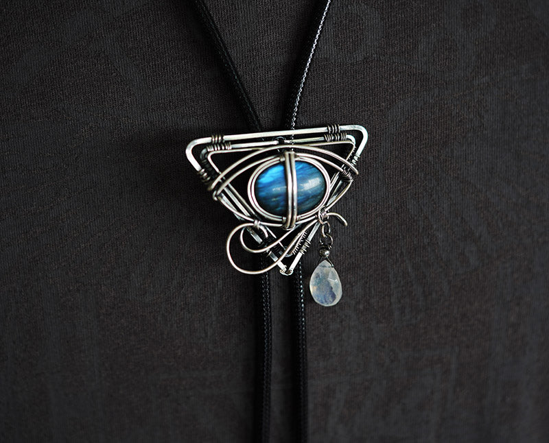 The Eye of Horus: Hand-Woven Sterling Silver Labradorite Bolo Tie