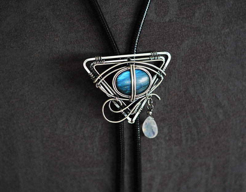 The Eye of Horus: Hand-Woven Sterling Silver Labradorite Bolo Tie