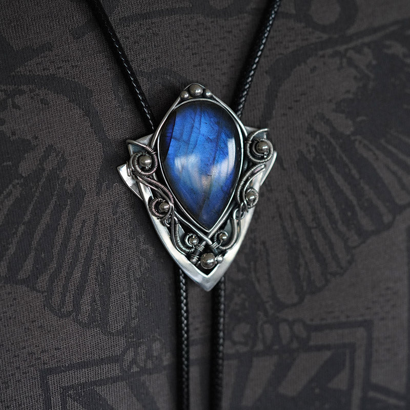 Artical Heart The Nebula Shield: S999 Silver Wire Wrapping with nature Labradorite bolo tie