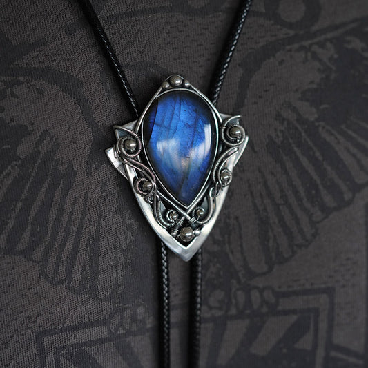 The Nebula Shield: S999 Silver Wire Wrapping with nature Labradorite bolo tie